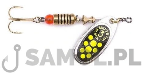 Błystka obrotowa Mepps Black Fury srebrna - seledynowe kropki.jpg