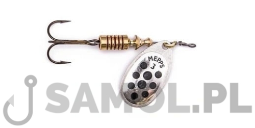 BŁYSTKA OBROTOWA MEPPS AGLIA DECOREES SREBRNA - CZARNE KROPKI.jpg